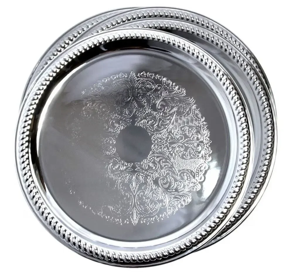 14-Inch Traditional Round Engraved Catering Chrome Plated Serving Tray 3 Pk